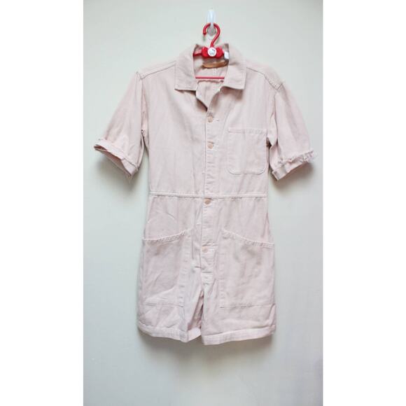 Bliss & Mischief Peach Pink Denim Short Coveralls Romper Size Small - Picture 1 of 6
